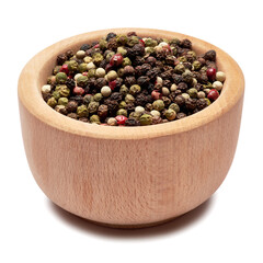black round pepper spice in wooden bowl or mortar on white background
