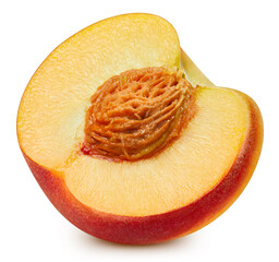 Peach half isolated on white background. Peach Clipping path. Fresh organic peach.