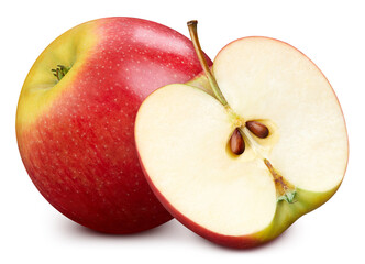 Whole and half apple on white background. Organic apple isolated on white background. Taste apple with leaf. Full depth of field with clipping path