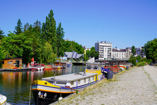 boat barge on the canal of the coast l'Erdre river in Nantes France
