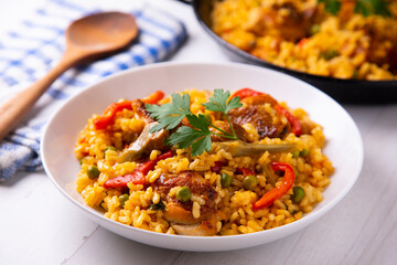 Traditional paella from a restaurant in the famous Rambla de Barcelona. Cooked with vegetables and chicken.