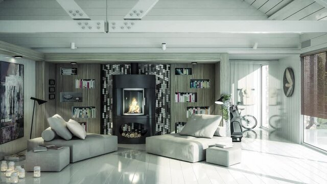 Interior Desing With aSitting Group at Fireplace Inside a Villa - loopable 3d visualization