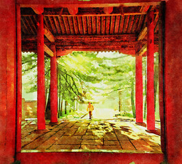 Beautiful bright morning sunshine at temple entrance arch on Wutai Mount , one of the Four Sacred Mountains in Chinese Buddhism of Xinzhou City, Shanxi Province, China.- watercolour painting