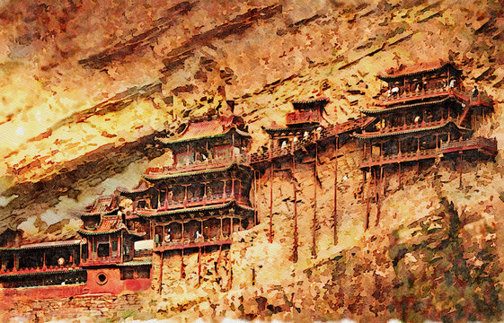 Amazing picture of Hengshan Hanging Temple or Xuankong Temple is one of the main tourist attractions and historical sites in Datong area, Shanxi, China. - watercolor painting.