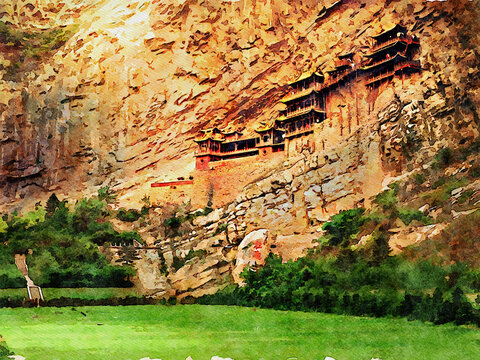 Amazing landscape picture of Hengshan Hanging Temple or Xuankong Temple is one of the main tourist attractions in Datong area, Shanxi, China. - watercolor painting.