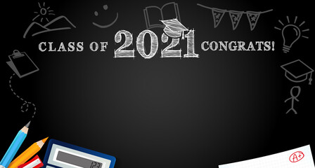 Class of 2021 Congrats, school colored pencils on blackboard. Template background for design high school party or college, graduate invitations banner, with chalk congratulation text