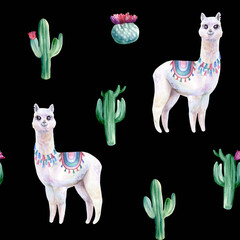 Watercolor hand painted seamless pattern with alpaca and cactuses on black background. Cute design for textile, wrapping paper or children’s goods.