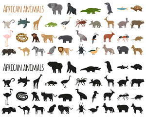 Set of African animals in flat style and silhouettes. Vector illustration of cartoon cute animal characters.
