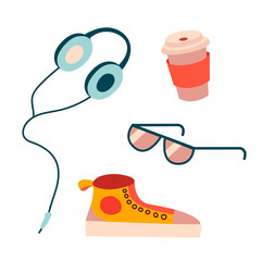 Vector illustration set with headphones, sneakers, a cup of coffee and glasses in a flat style, isolated elements on a white background.