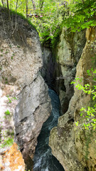 Short river and rapids. Canyon with rocks, cliffs and water in motion. Powerful stream and cascades.