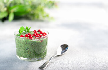 Obraz na płótnie Canvas Homemade matcha green tea chia seed pudding, vegan dessert