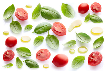 Basil leaves with tomatoes and olive oil