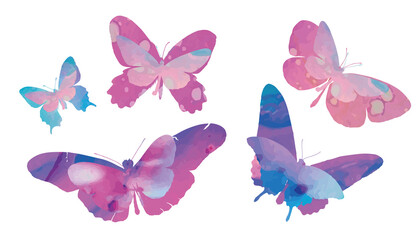 Naklejka na ściany i meble Butterfly watercolor. Pink, rose wings on white backgroud. Fly, isolated vector. Butterflies colorful collection. Butterfly swarm. Set ocolorful butterflies. Vector illustration. Spring and summer.