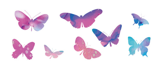 Obraz na płótnie Canvas Butterfly watercolor. Pink, rose wings on white backgroud. Fly, isolated vector. Butterflies colorful collection. Butterfly swarm. Set ocolorful butterflies. Vector illustration. Spring and summer.