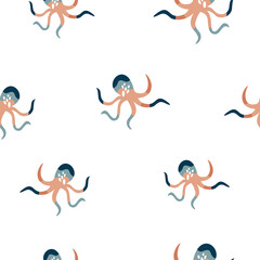 Abstract seamless pattern with colorful octopuses on white background
