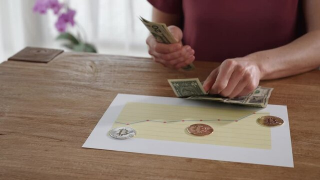 woman counts banknotes, income from bitkoin growth
