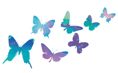 Butterfly watercolor. Blue, marine wings on white backgroud. Fly, isolated vector. Butterflies colorful collection. Butterfly swarm. Set ocolorful butterflies. Vector illustration. Spring and summer.