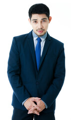 Portrait of handsome young Asian businessman in suit and tie standing on isolated white background with self confident. Studio shot, business and success concept.