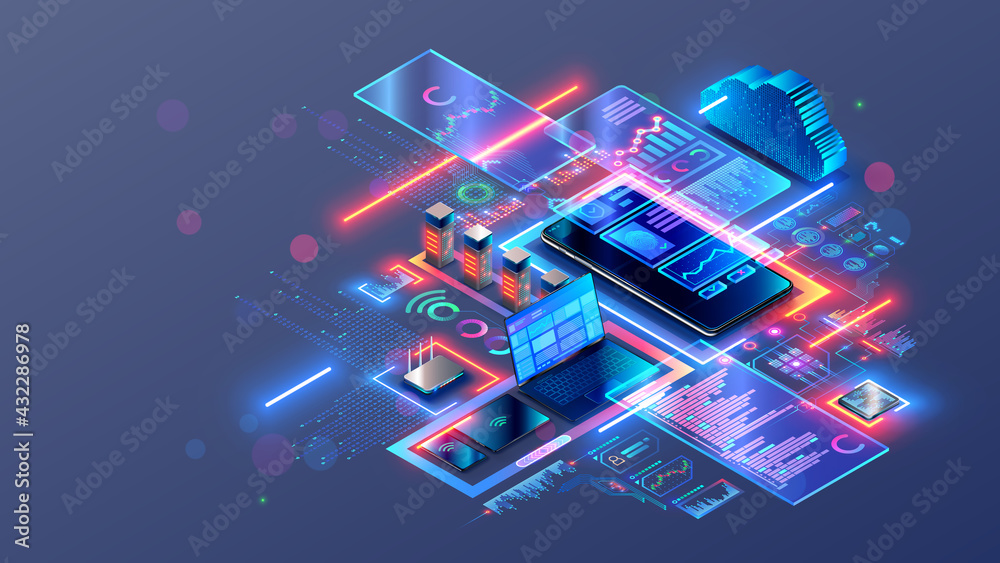 Fototapete Web develop mobile app, responsive site. Programming web page. Design templates website for different devices. Profession web developer. Development of layouts internet interfaces on laptop for phone.