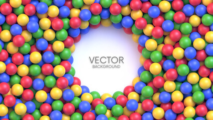 Dry children's pool with colorful balls and round palce for your content. Pile of multicolored toy balls for children at the playground. Realistic vector background - obrazy, fototapety, plakaty