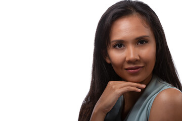 Studio close up portrait of beautiful woman face with copyspace isolated on white background