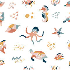 Bohemian summer seamless pattern with holiday icons, abstract shapes