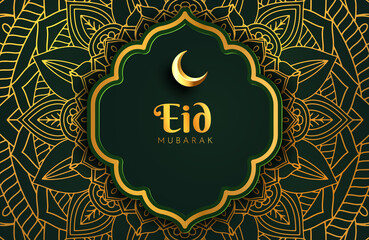 Luxury black gold background banner with islamic arabesque mandala ornament. Eid mubarak design template