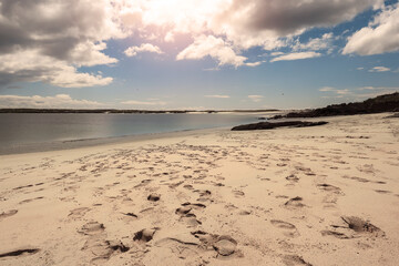 Tourist footprints on sand at Gurteen beach, county Galway, Ireland. Warm sunny day. Cloudy sky