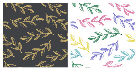 Collection of seamless patterns with leaves and branches. Modern design for decoration, wrapping paper, print, fabric or textile. Vector illustration.