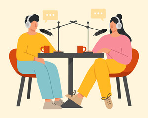 Couple radio hosts sitting with headphones and microphones recording audio podcast in studio. Concept of radio broadcasting. Flat vector illustration.