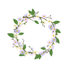 Daisy wreath. Round frame, cute purple and white flowers chamomile with yellow hearts. Festive decorations for wedding, holiday, postcard, poster and design