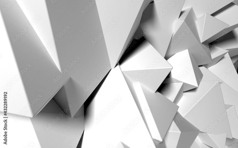 Poster Abstract background with white 3D shapes flying in the light as a messy array or chaotic structure for any pastel backdrop. 3D illustration.