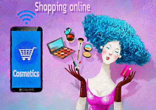Oil painting style of cartoon character happy woman in pink dress holding cradit card and cosmetics shopping online on smartphone. Concept of online shopping business.