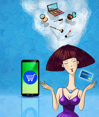 Oil painting style of cartoon character happy woman in purple dress holding cradit card and cosmetics shopping online on smartphone. Concept of online shopping business.