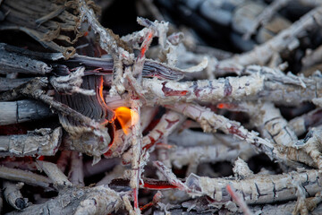 Coals left over from the fire. Gray ash. Fiery tongues. Fire background. Copy space. Close up.