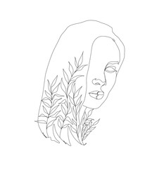 Woman face portrait with plants in line art style. Abstract female linear illustration. Trendy elegant continuous line drawing.