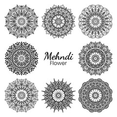 Set of Mehndi flower for henna, mehndi, tattoo, decoration. decorative ornament in ethnic oriental style. doodle ornament. outline hand draw illustration. coloring book page.