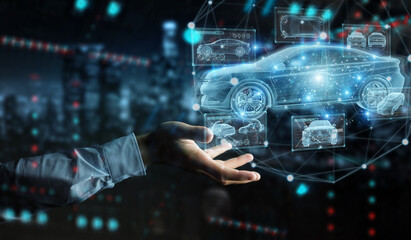 Man hand holding and touching holographic smart car interface projection 3D rendering