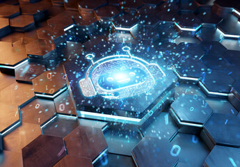 Chatbot icon concept engraved on metal hexagonal pedestral background. Chat bot assistance logo glowing on abstract digital surface. 3d rendering