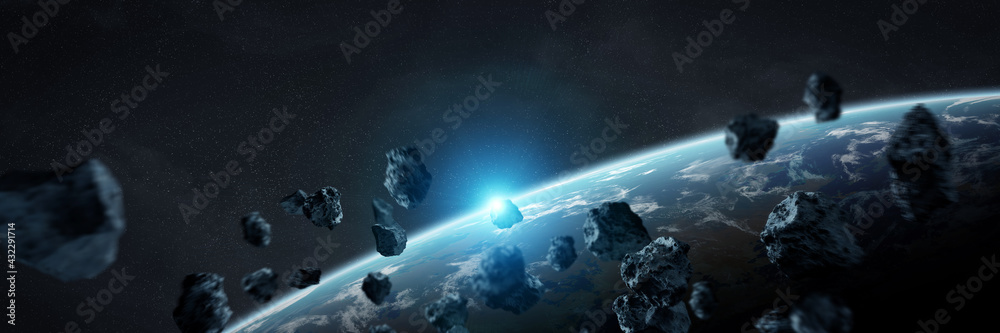 Poster panoramic space planets background. panorama of distant solar system with exoplanets 3d rendering el