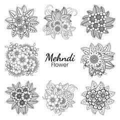 Set of Mehndi flower for henna, mehndi, tattoo, decoration. decorative ornament in ethnic oriental style. doodle ornament. outline hand draw illustration. coloring book page.