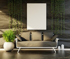 Vertical poster tempalte in a room with dark walls. Template for images. 3D rendering.