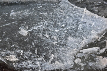 Early spring. Ice on the river during an ice drift close-up.