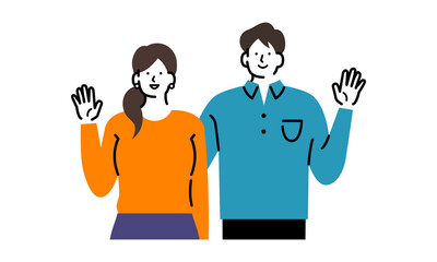 手をあげている夫婦