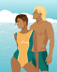 A loving tanned couple in bathing suits stands against the backdrop of the ocean. Summer rest.