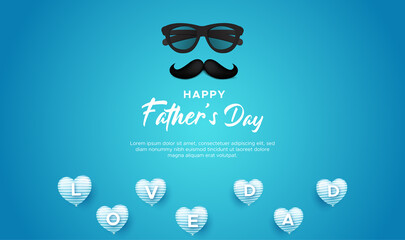 Happy Father's Day greeting card with illustration of love balloons, glasses, mustache, ribbon and tie