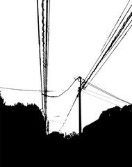 電線の見える街並みのイラスト　電柱　シルエット - obrazy, fototapety, plakaty