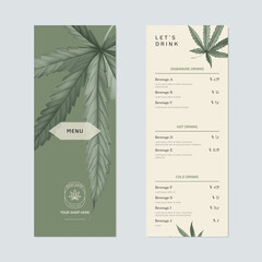 Beverage menu template design, dark red cannabis leaves on green and brown - 432295363