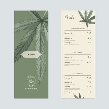 Beverage menu template design, dark red cannabis leaves on green and brown