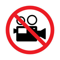 No video camera prohibited sign, Taking recording video not allowed, Prohibition symbol sticker for area places, Isolated on white background, Flat design vector illustration